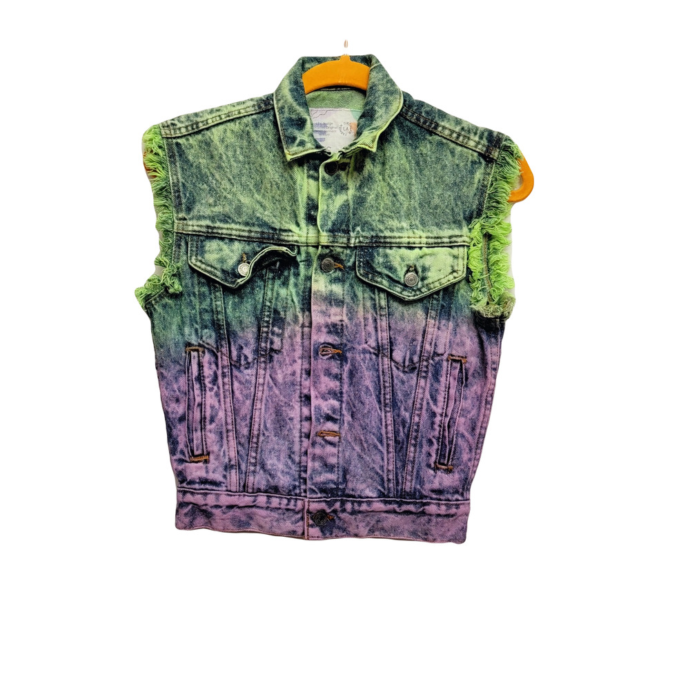 Sleeveless collared denim jacket green purple Extra Small buttoned